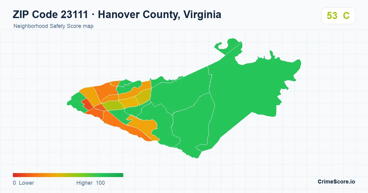 ZIP Code 23111 in Hanover County, Virginia neighborhood Safety Score map