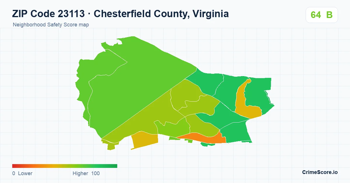 ZIP Code 23113 in Chesterfield County, Virginia neighborhood Safety Score map
