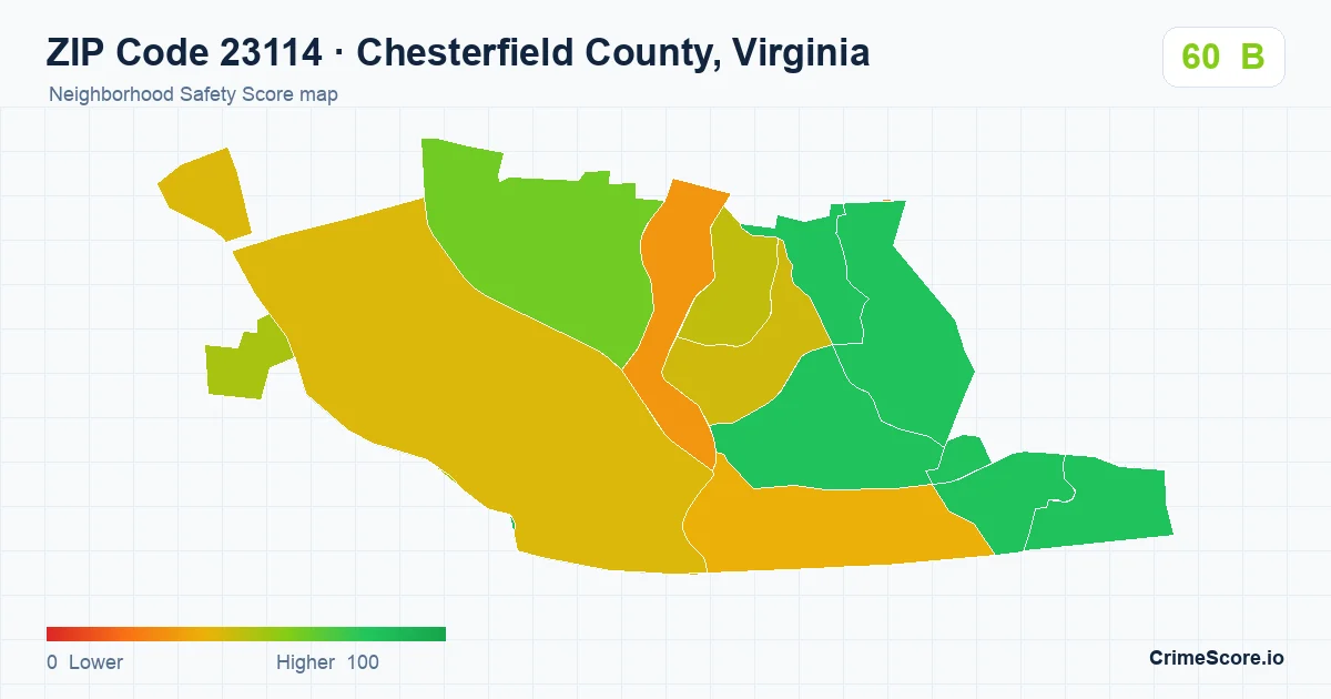 ZIP Code 23114 in Chesterfield County, Virginia neighborhood Safety Score map