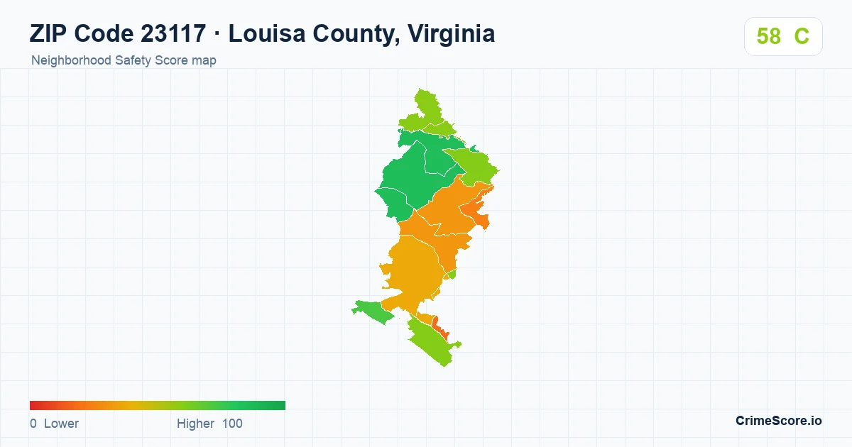 ZIP Code 23117 in Louisa County, Virginia neighborhood Safety Score map