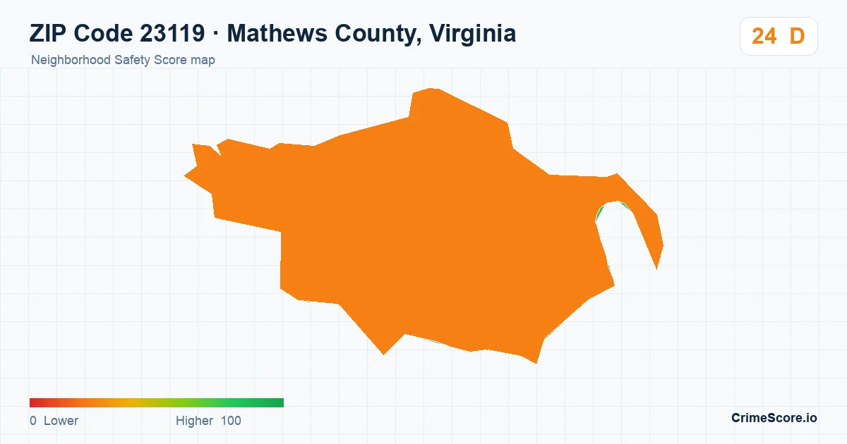 ZIP Code 23119 in Mathews County, Virginia neighborhood Safety Score map