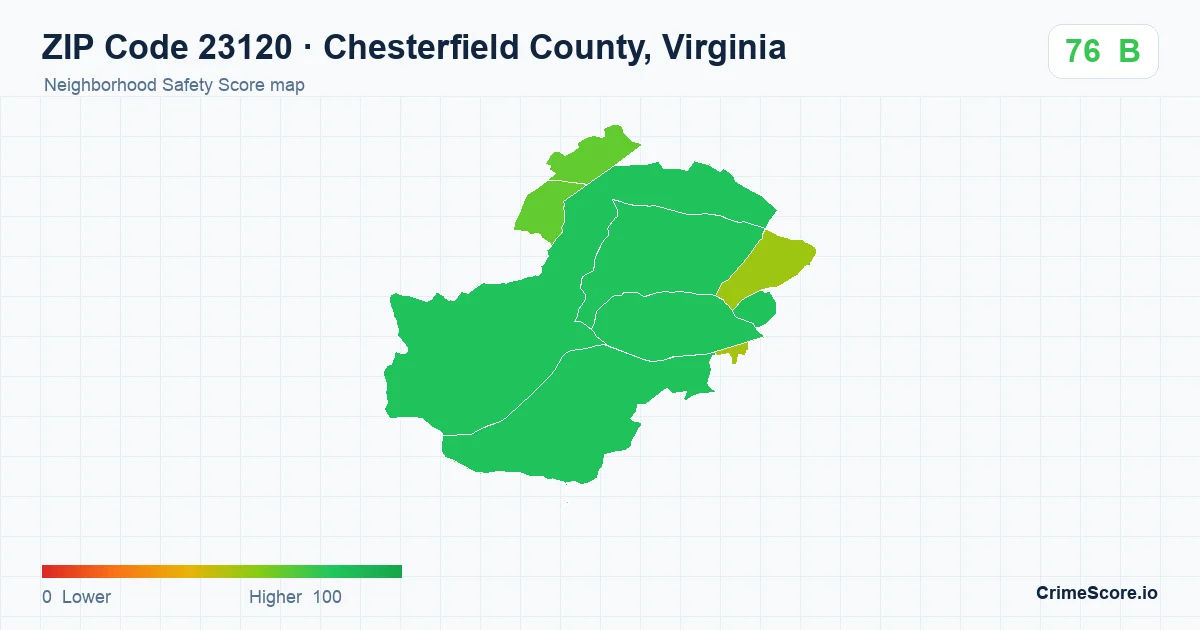 ZIP Code 23120 in Chesterfield County, Virginia neighborhood Safety Score map