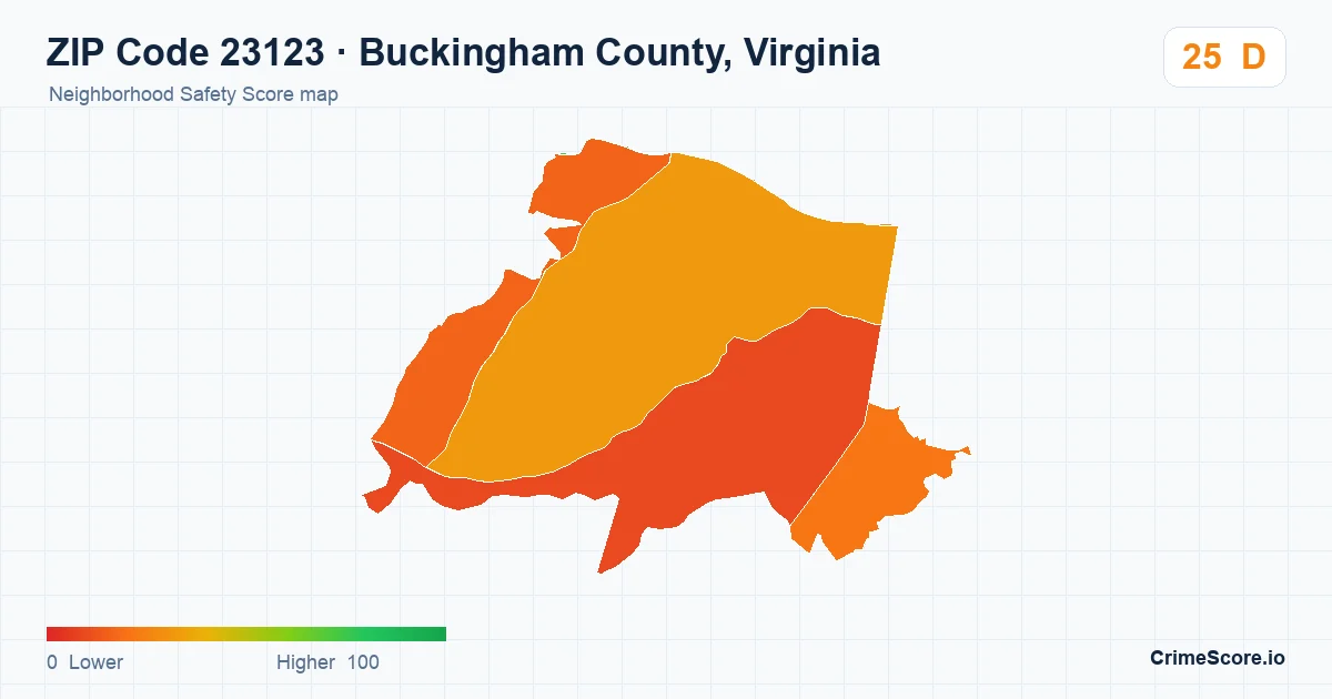 ZIP Code 23123 in Buckingham County, Virginia neighborhood Safety Score map