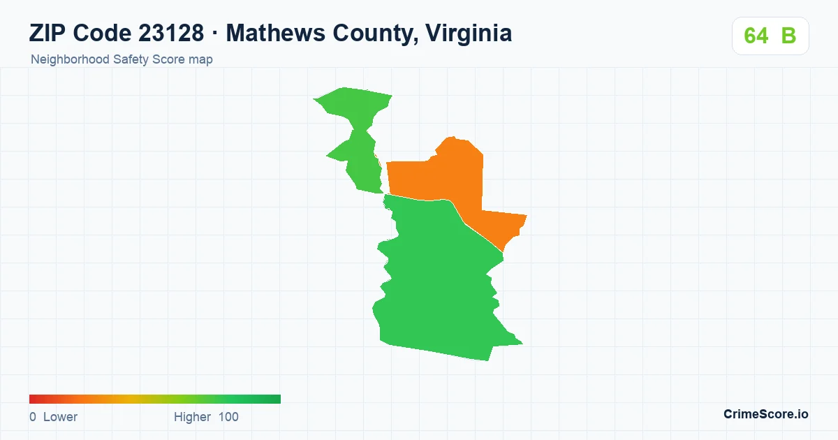 ZIP Code 23128 in Mathews County, Virginia neighborhood Safety Score map