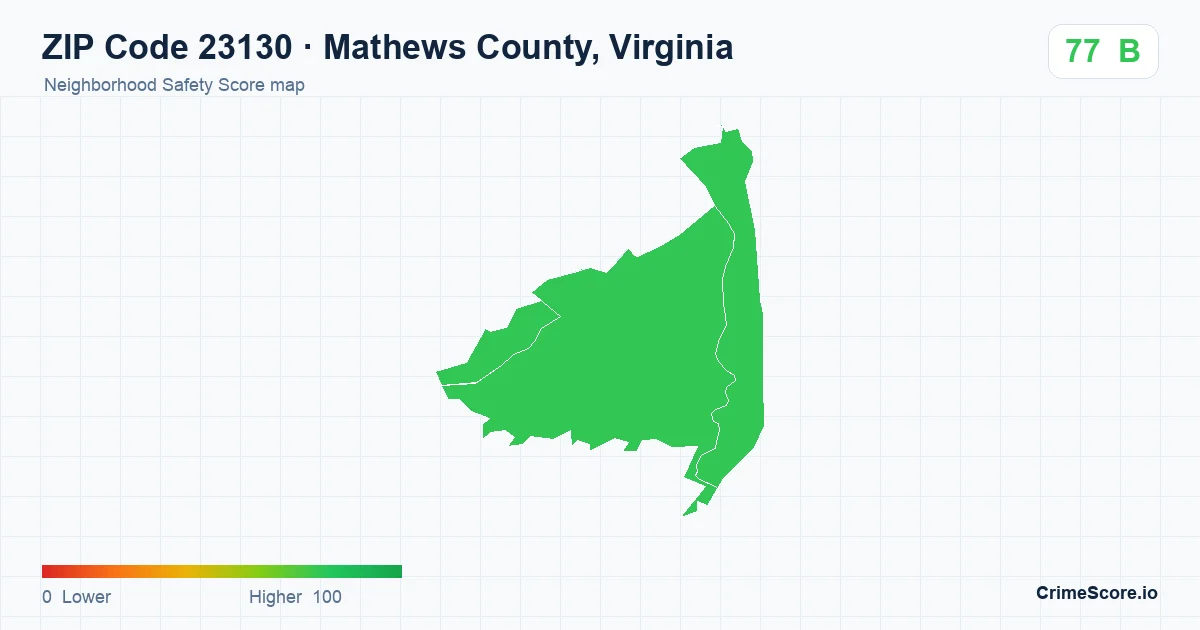 ZIP Code 23130 in Mathews County, Virginia neighborhood Safety Score map