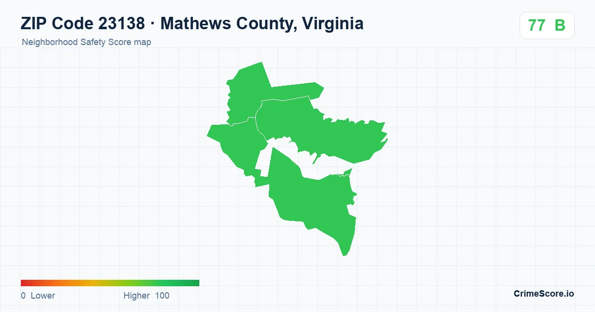ZIP Code 23138 in Mathews County, Virginia neighborhood Safety Score map