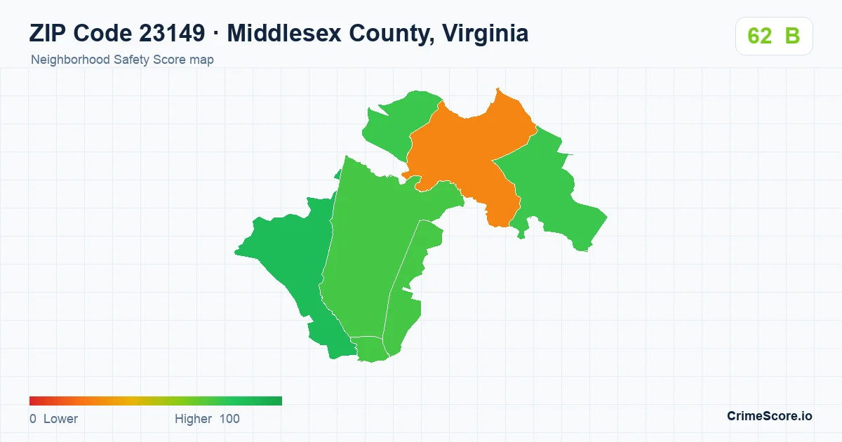 ZIP Code 23149 in Middlesex County, Virginia neighborhood Safety Score map