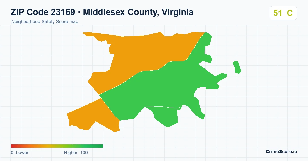ZIP Code 23169 in Middlesex County, Virginia neighborhood Safety Score map