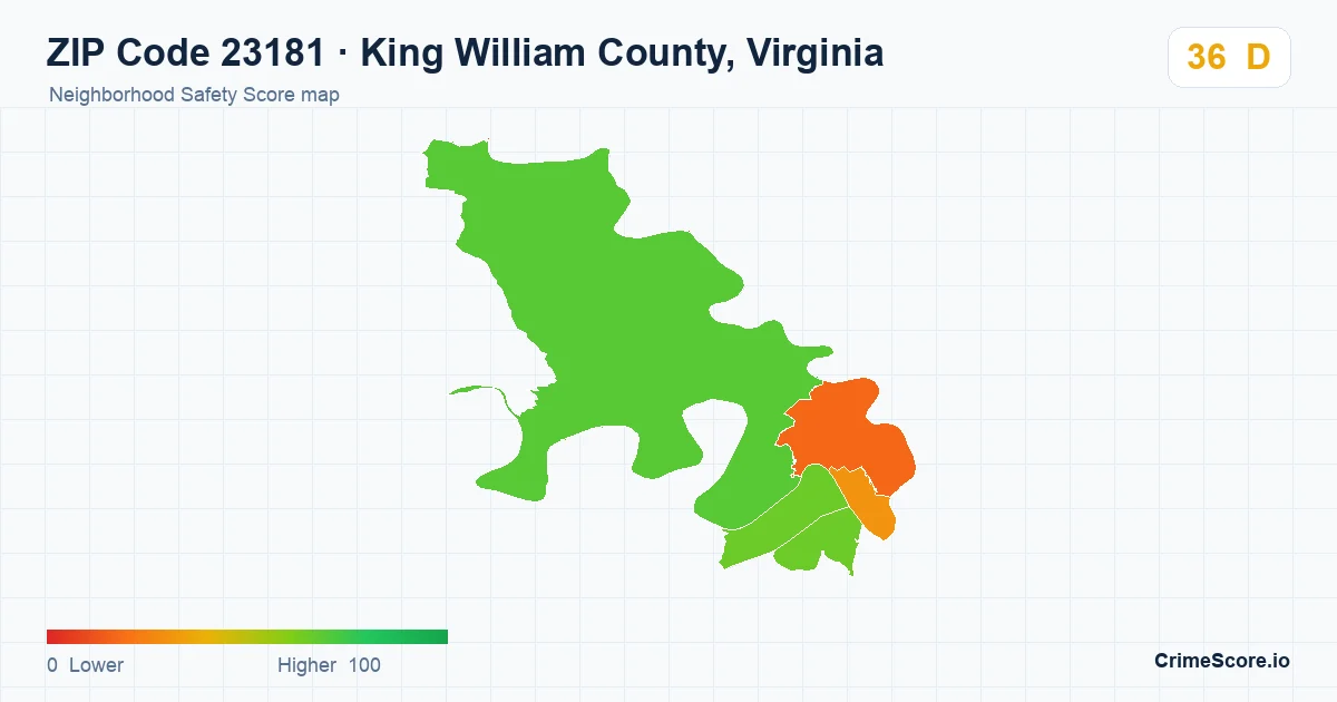 ZIP Code 23181 in King William County, Virginia neighborhood Safety Score map