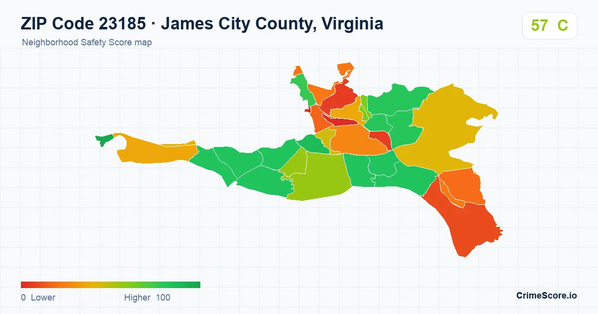 ZIP Code 23185 in James City County, Virginia neighborhood Safety Score map