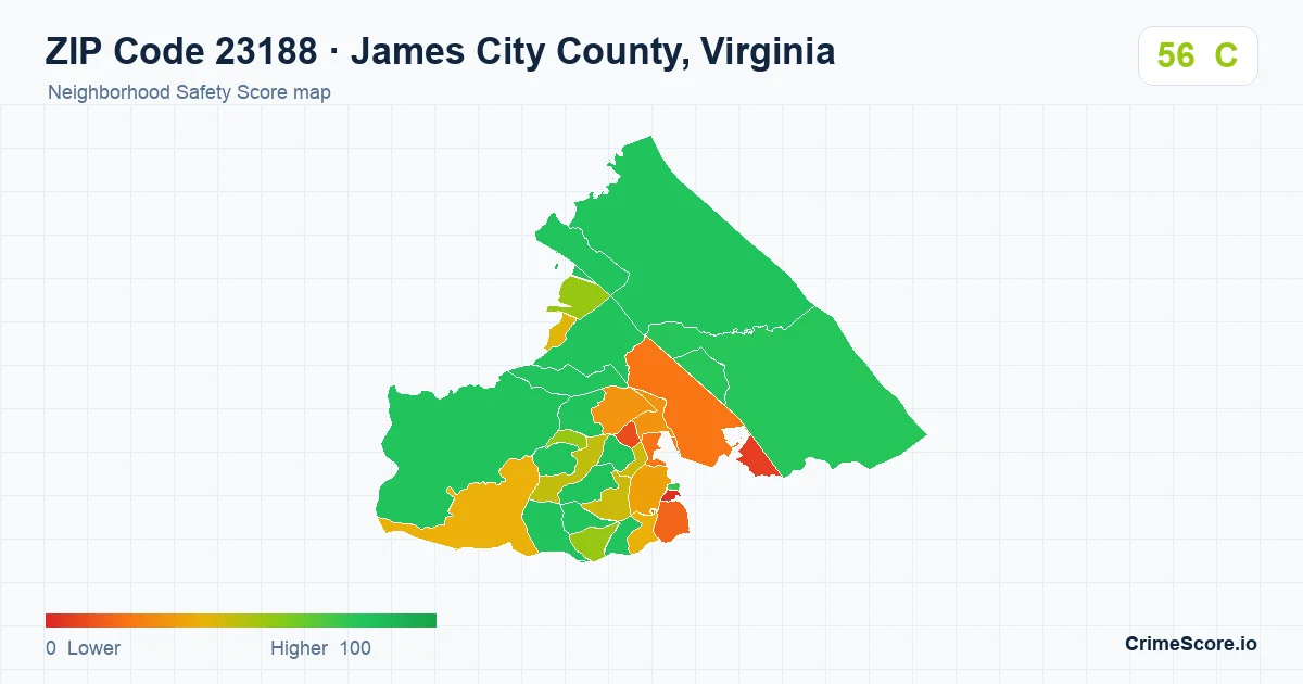 ZIP Code 23188 in James City County, Virginia neighborhood Safety Score map
