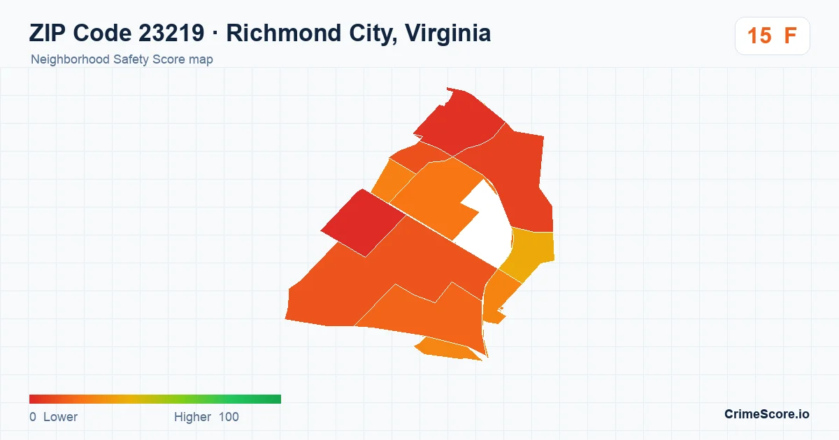 ZIP Code 23219 in Richmond City, Virginia neighborhood Safety Score map