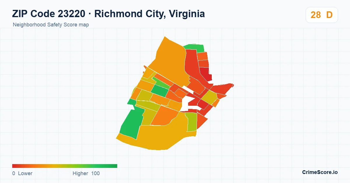 ZIP Code 23220 in Richmond City, Virginia neighborhood Safety Score map