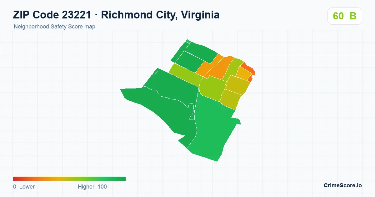 ZIP Code 23221 in Richmond City, Virginia neighborhood Safety Score map