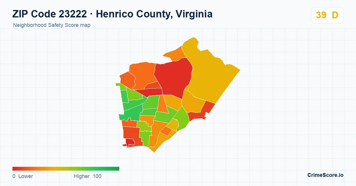 ZIP Code 23222 in Henrico County, Virginia neighborhood Safety Score map