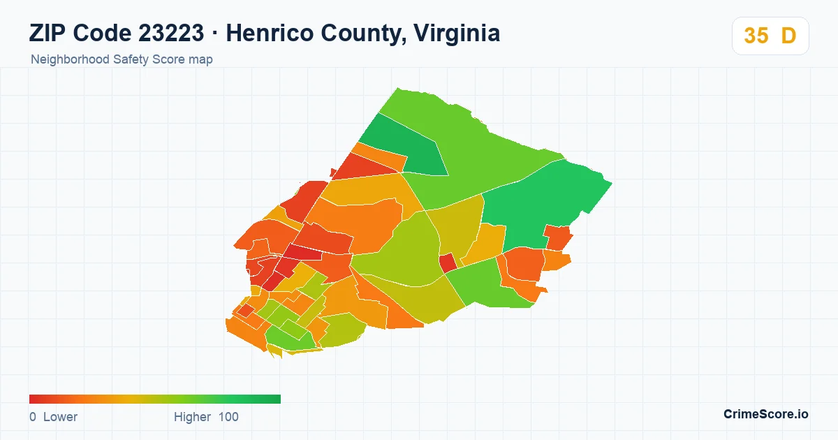 ZIP Code 23223 in Henrico County, Virginia neighborhood Safety Score map