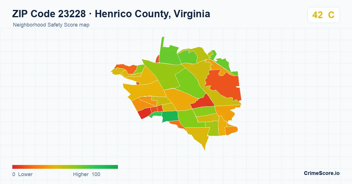 ZIP Code 23228 in Henrico County, Virginia neighborhood Safety Score map