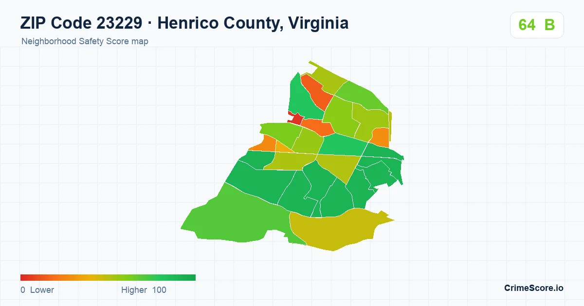 ZIP Code 23229 in Henrico County, Virginia neighborhood Safety Score map