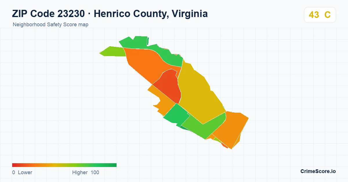 ZIP Code 23230 in Henrico County, Virginia neighborhood Safety Score map