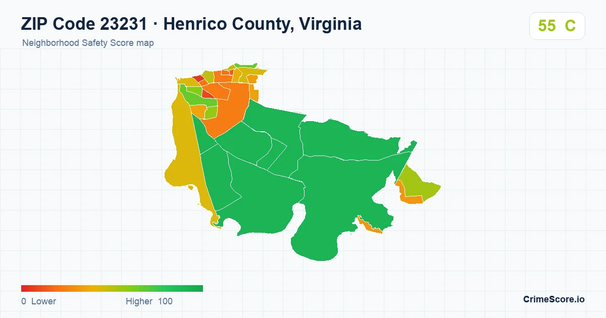 ZIP Code 23231 in Henrico County, Virginia neighborhood Safety Score map