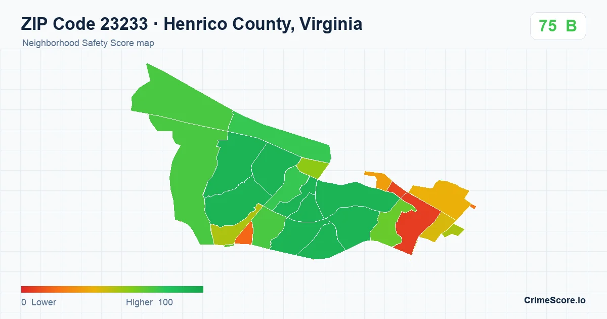 ZIP Code 23233 in Henrico County, Virginia neighborhood Safety Score map