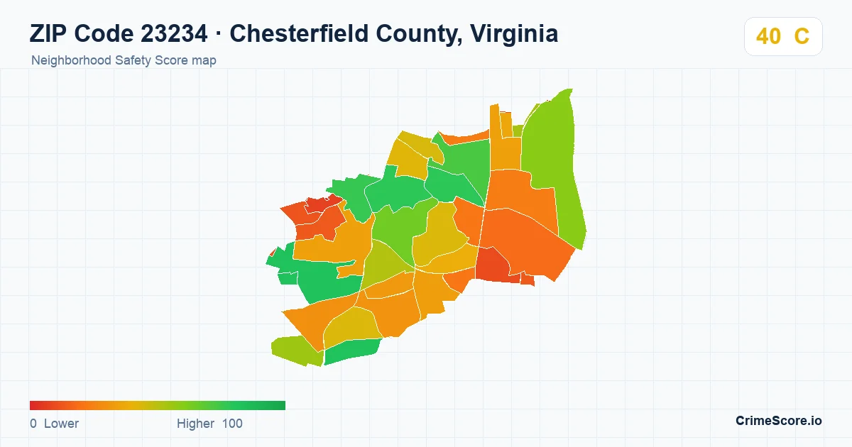 ZIP Code 23234 in Chesterfield County, Virginia neighborhood Safety Score map