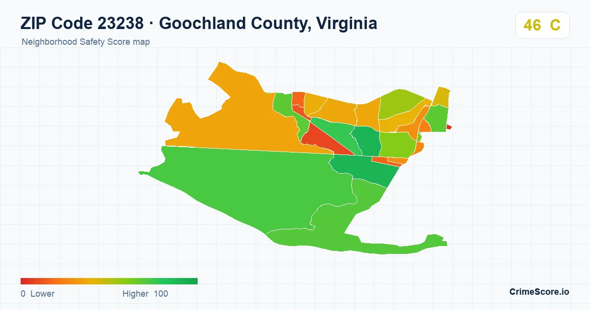 ZIP Code 23238 in Goochland County, Virginia neighborhood Safety Score map