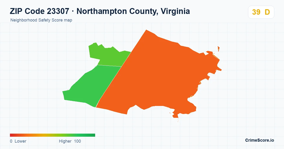 ZIP Code 23307 in Northampton County, Virginia neighborhood Safety Score map