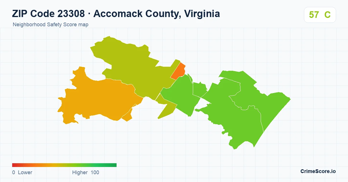 ZIP Code 23308 in Accomack County, Virginia neighborhood Safety Score map
