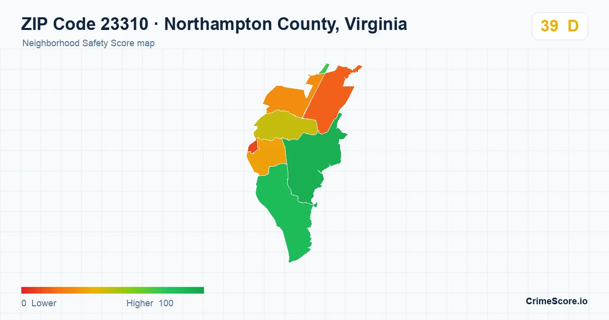 ZIP Code 23310 in Northampton County, Virginia neighborhood Safety Score map