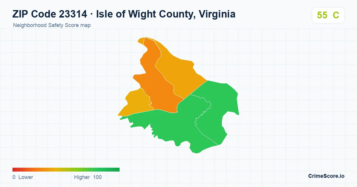 ZIP Code 23314 in Isle of Wight County, Virginia neighborhood Safety Score map
