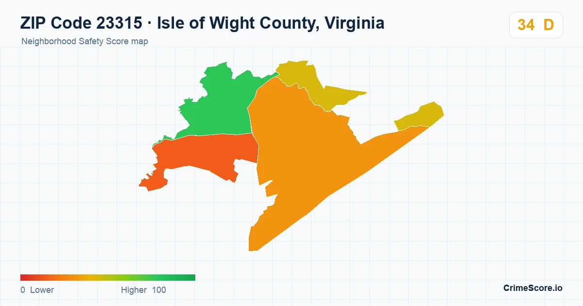 ZIP Code 23315 in Isle of Wight County, Virginia neighborhood Safety Score map