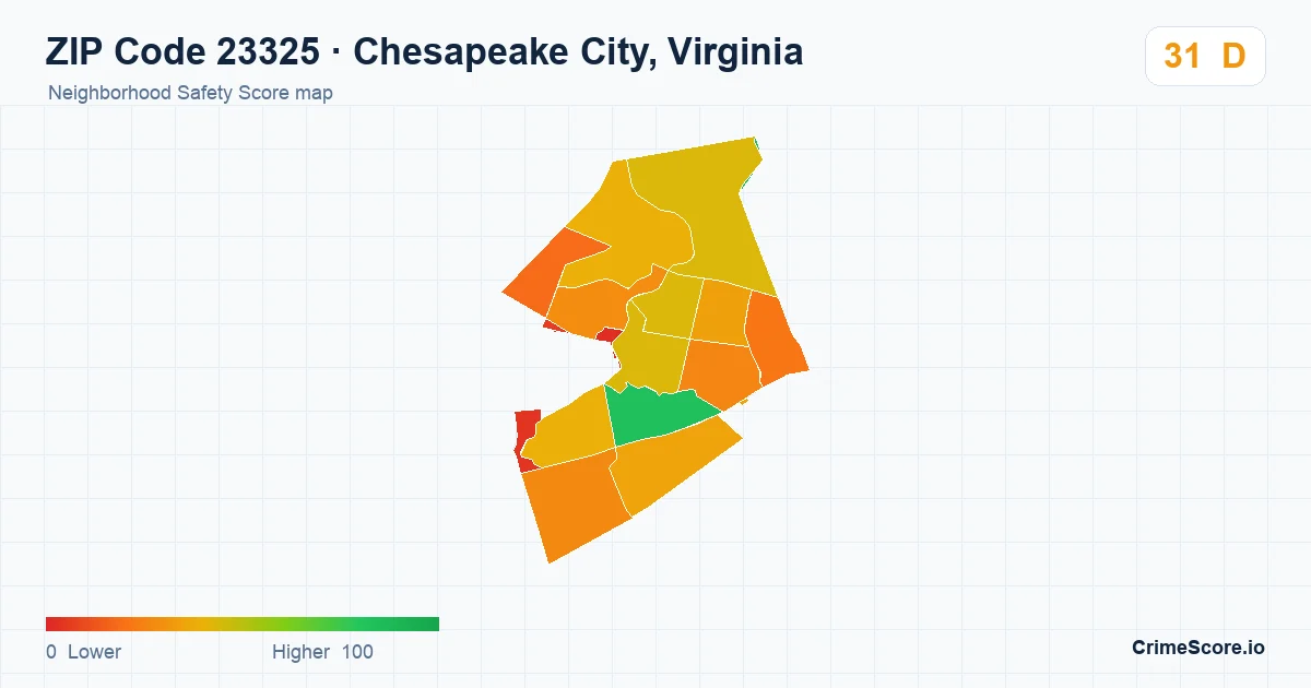 ZIP Code 23325 in Chesapeake City, Virginia neighborhood Safety Score map