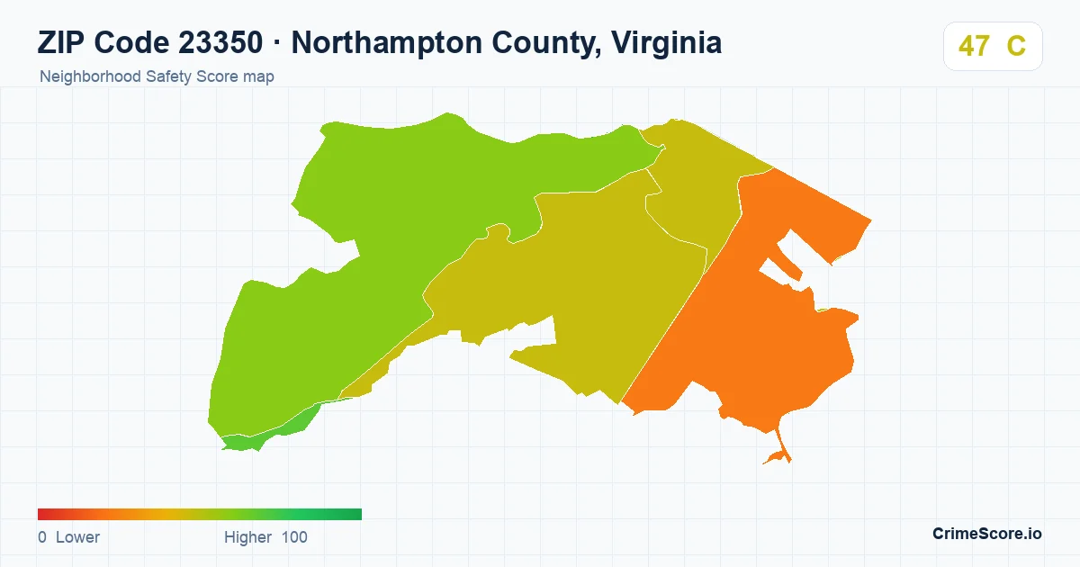 ZIP Code 23350 in Northampton County, Virginia neighborhood Safety Score map