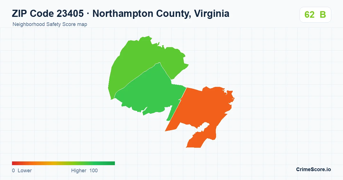 ZIP Code 23405 in Northampton County, Virginia neighborhood Safety Score map