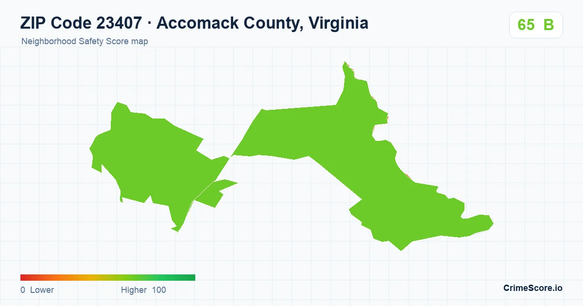 ZIP Code 23407 in Accomack County, Virginia neighborhood Safety Score map