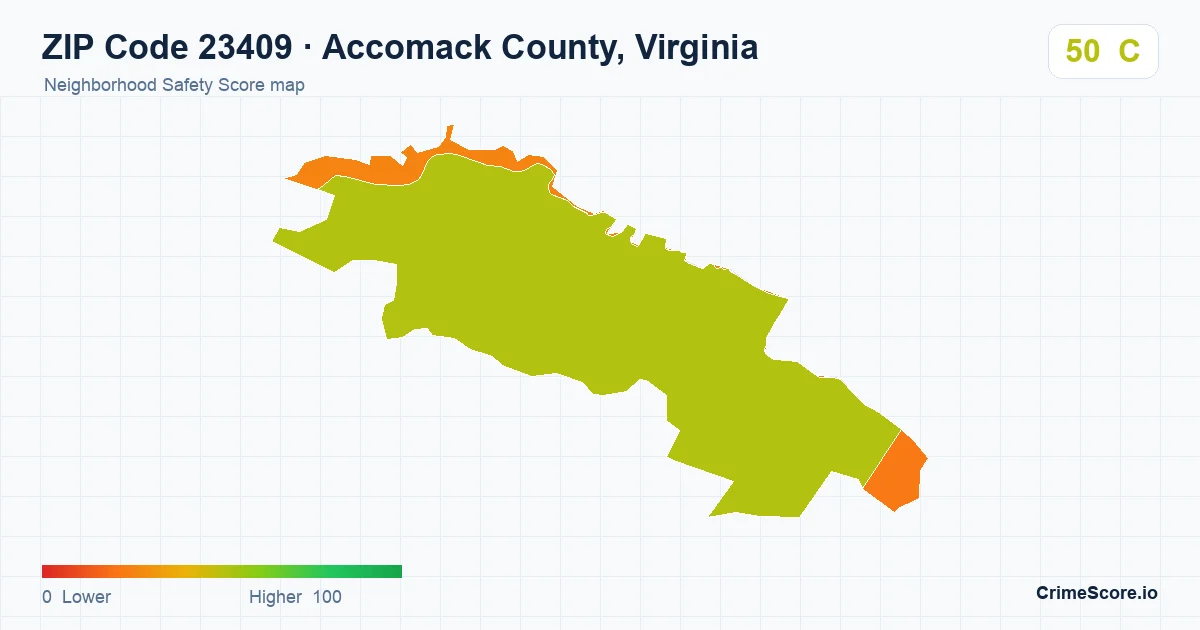 ZIP Code 23409 in Accomack County, Virginia neighborhood Safety Score map