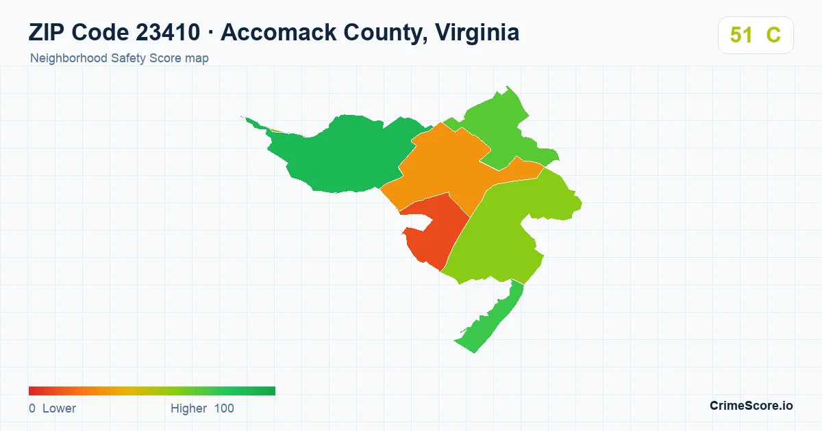 ZIP Code 23410 in Accomack County, Virginia neighborhood Safety Score map