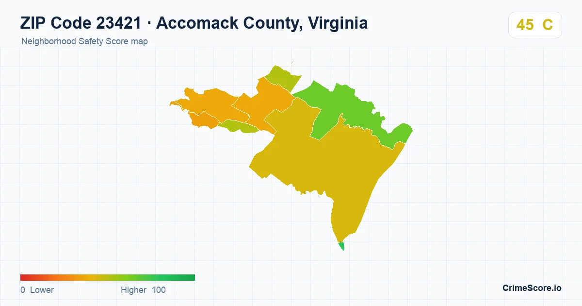 ZIP Code 23421 in Accomack County, Virginia neighborhood Safety Score map