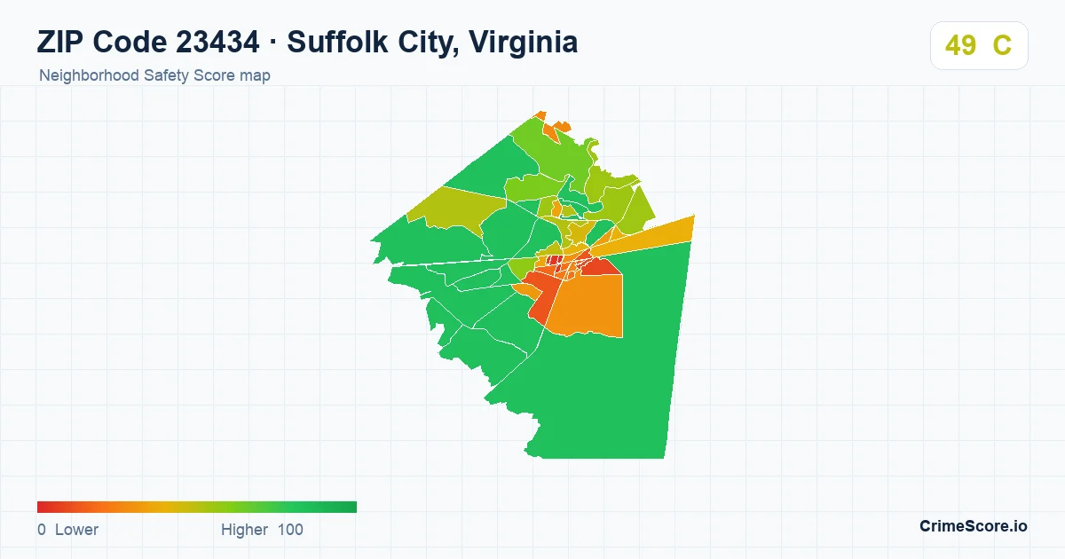 ZIP Code 23434 in Suffolk City, Virginia neighborhood Safety Score map