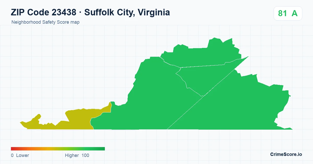 ZIP Code 23438 in Suffolk City, Virginia neighborhood Safety Score map