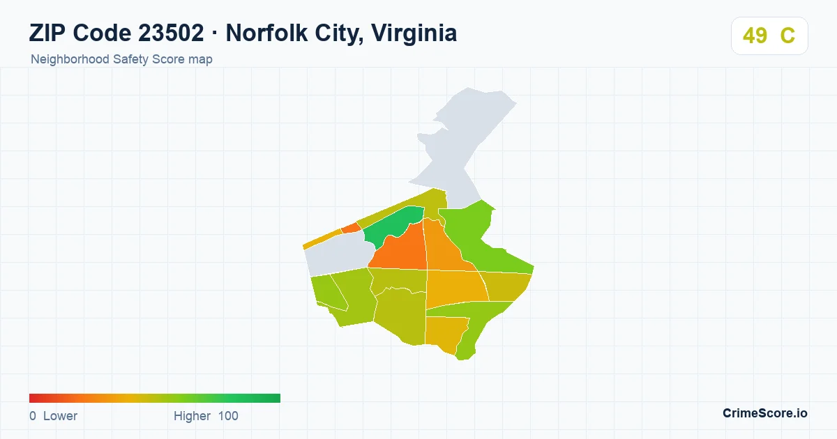 ZIP Code 23502 in Norfolk City, Virginia neighborhood Safety Score map