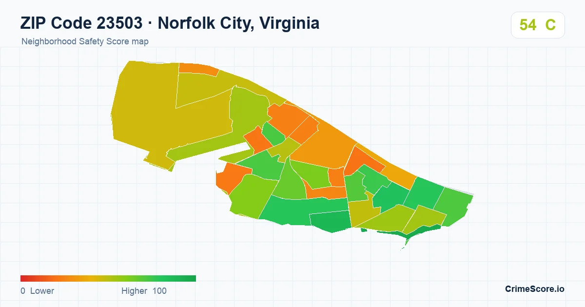 ZIP Code 23503 in Norfolk City, Virginia neighborhood Safety Score map