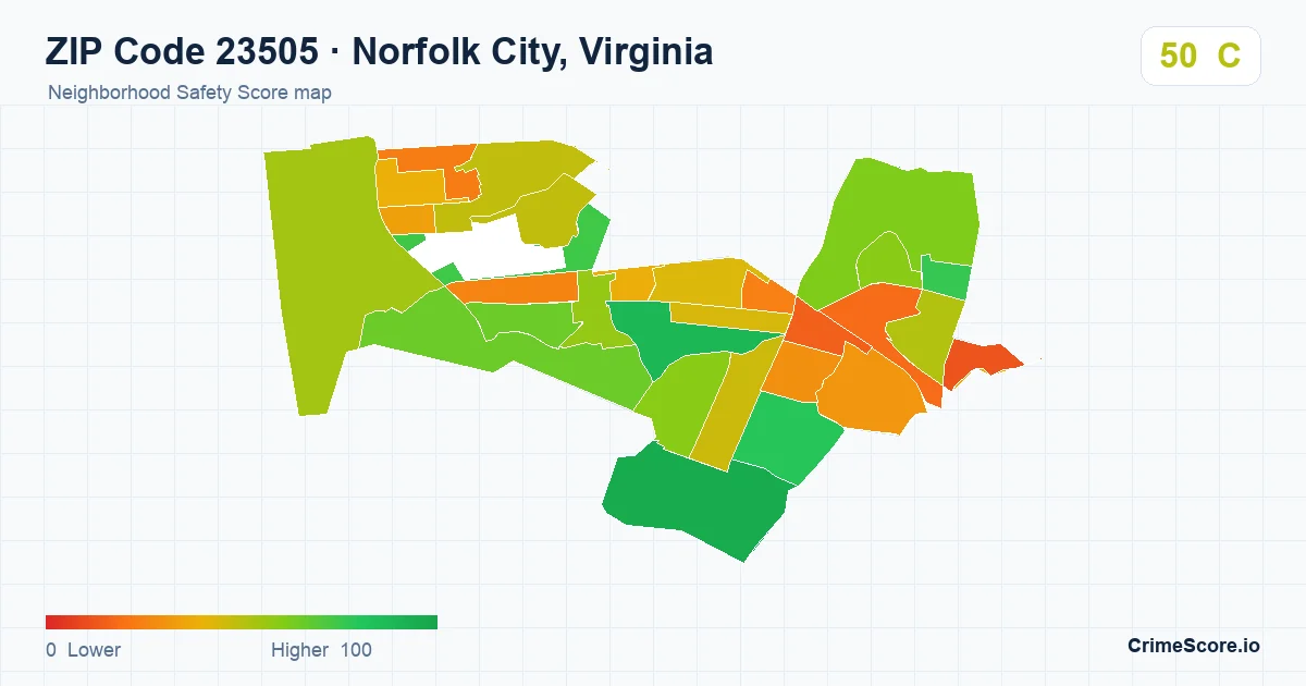 ZIP Code 23505 in Norfolk City, Virginia neighborhood Safety Score map