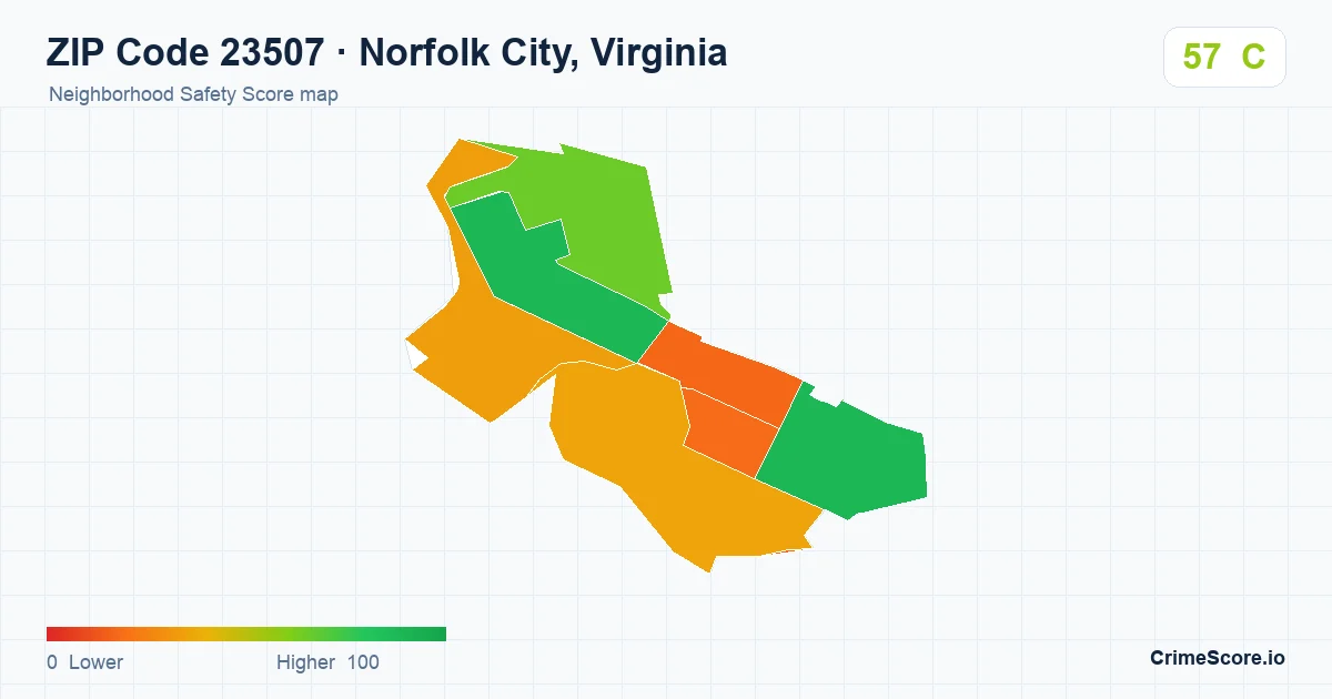 ZIP Code 23507 in Norfolk City, Virginia neighborhood Safety Score map