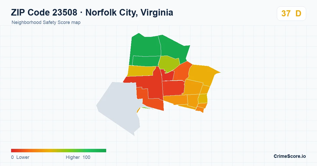 ZIP Code 23508 in Norfolk City, Virginia neighborhood Safety Score map