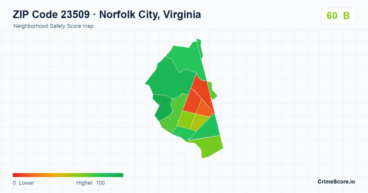 ZIP Code 23509 in Norfolk City, Virginia neighborhood Safety Score map
