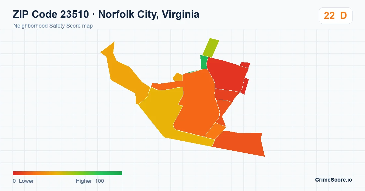 ZIP Code 23510 in Norfolk City, Virginia neighborhood Safety Score map