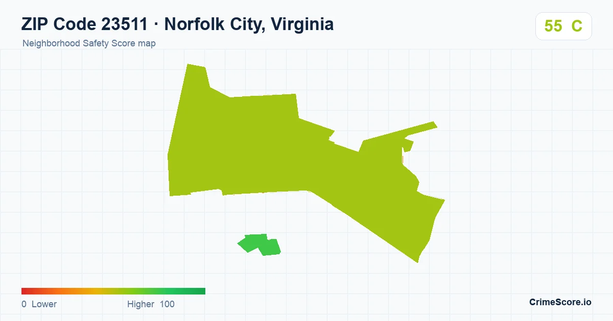 ZIP Code 23511 in Norfolk City, Virginia neighborhood Safety Score map