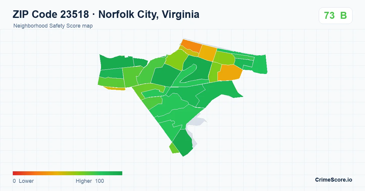 ZIP Code 23518 in Norfolk City, Virginia neighborhood Safety Score map